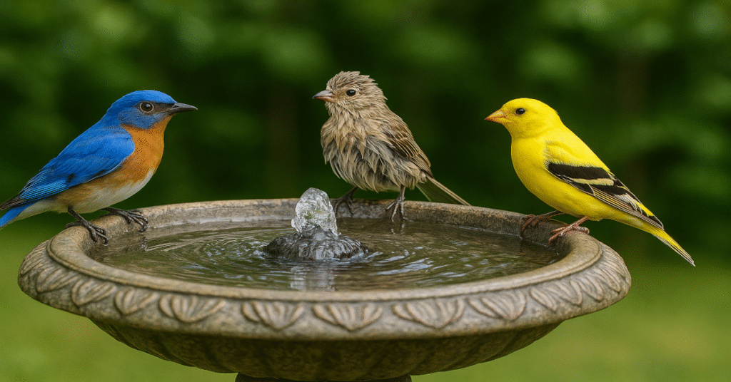 Garden bird bath with bluebird, goldfinch, and house finch bathing.