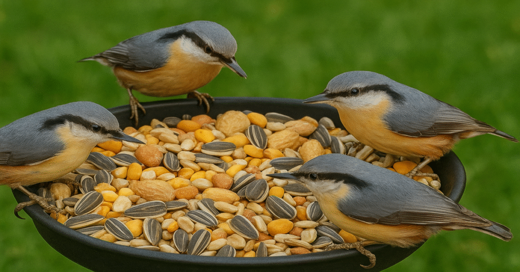 Bird food tray with seed mix and Eurasian nuthatches feeding.