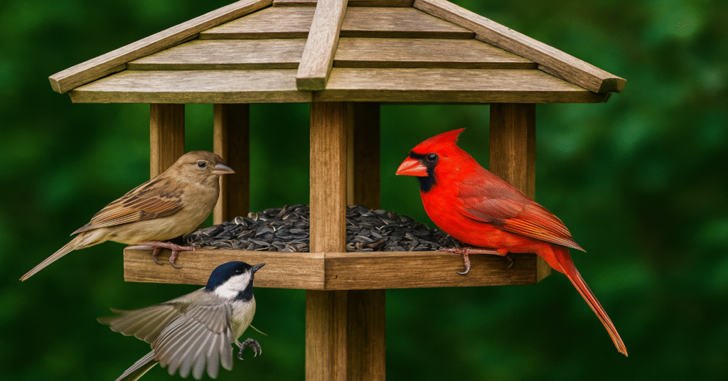 Wooden bird feeder with cardinal, sparrow, and chickadee feeding on sunflower seeds in a green garden.