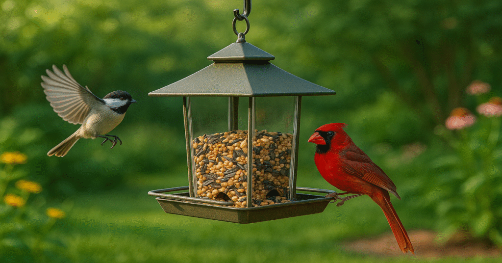 Hanging bird feeder with cardinal and chickadee in blooming garden.