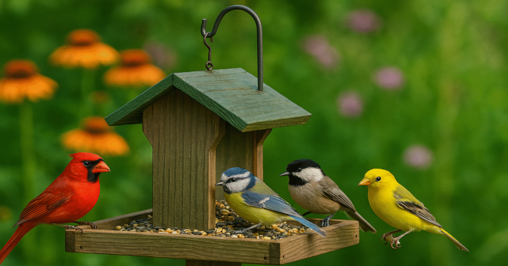 Rustic wooden bird feeder with cardinal, blue tit, chickadee, and goldfinch feeding in a colourful summer garden