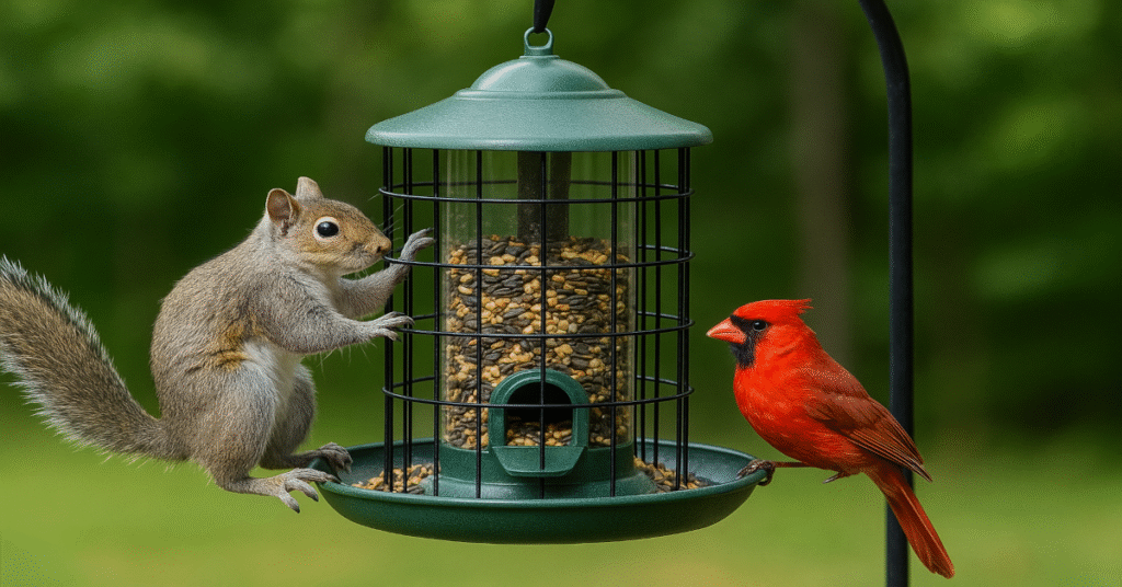 Squirrel-proof bird feeder with cardinal and squirrel in greenery.