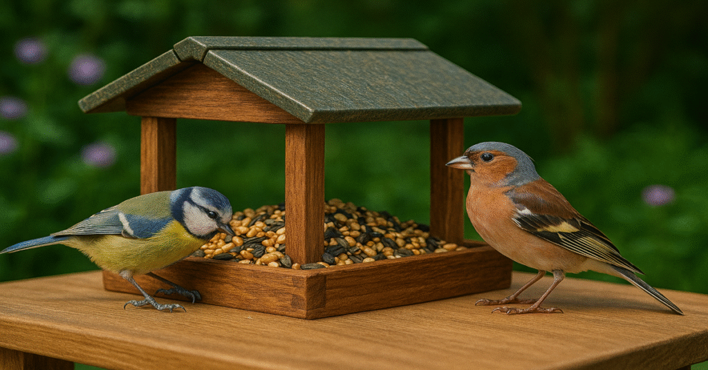 Tabletop bird feeder with woodpecker and goldfinch feeding on seeds.