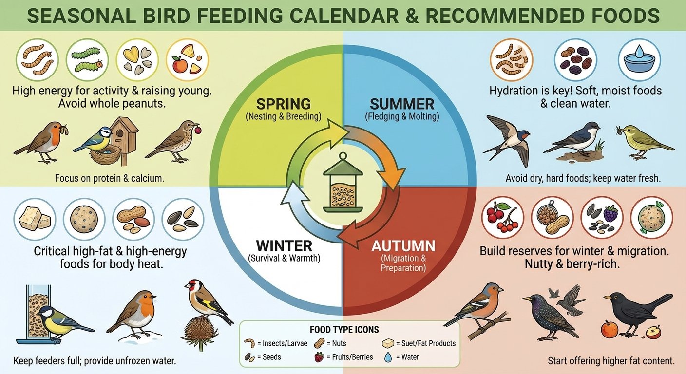 Seasonal bird feeding guide showing recommended foods throughout the year