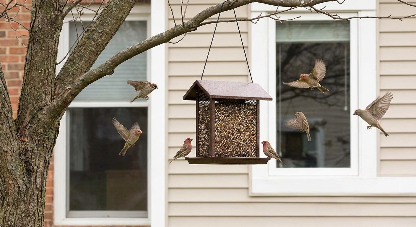 Demonstration of proper bird feeder placement and maintenance