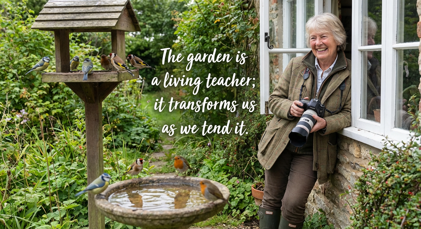 UK gardener enjoying successful summer bird feeding with camera