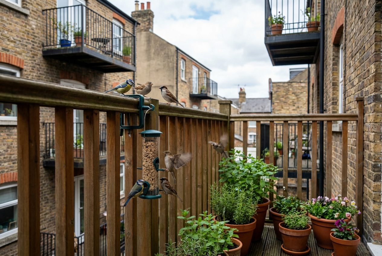 Small balcony bird feeding setup in Great Britain, compact railing feeder, limited space, realistic urban home setting, natural light, practical and uncluttered, affiliate blog style