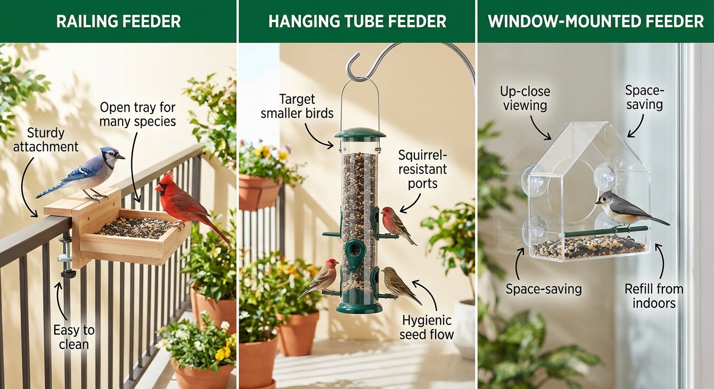 Comparison image of balcony bird feeder types including railing feeder, hanging tube feeder and window-mounted feeder