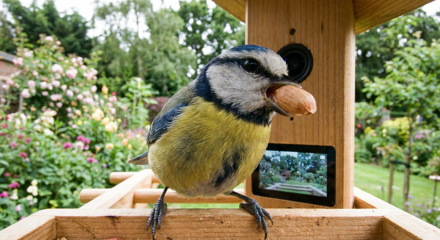 Bird feeder camera capturing blue tit in UK garden