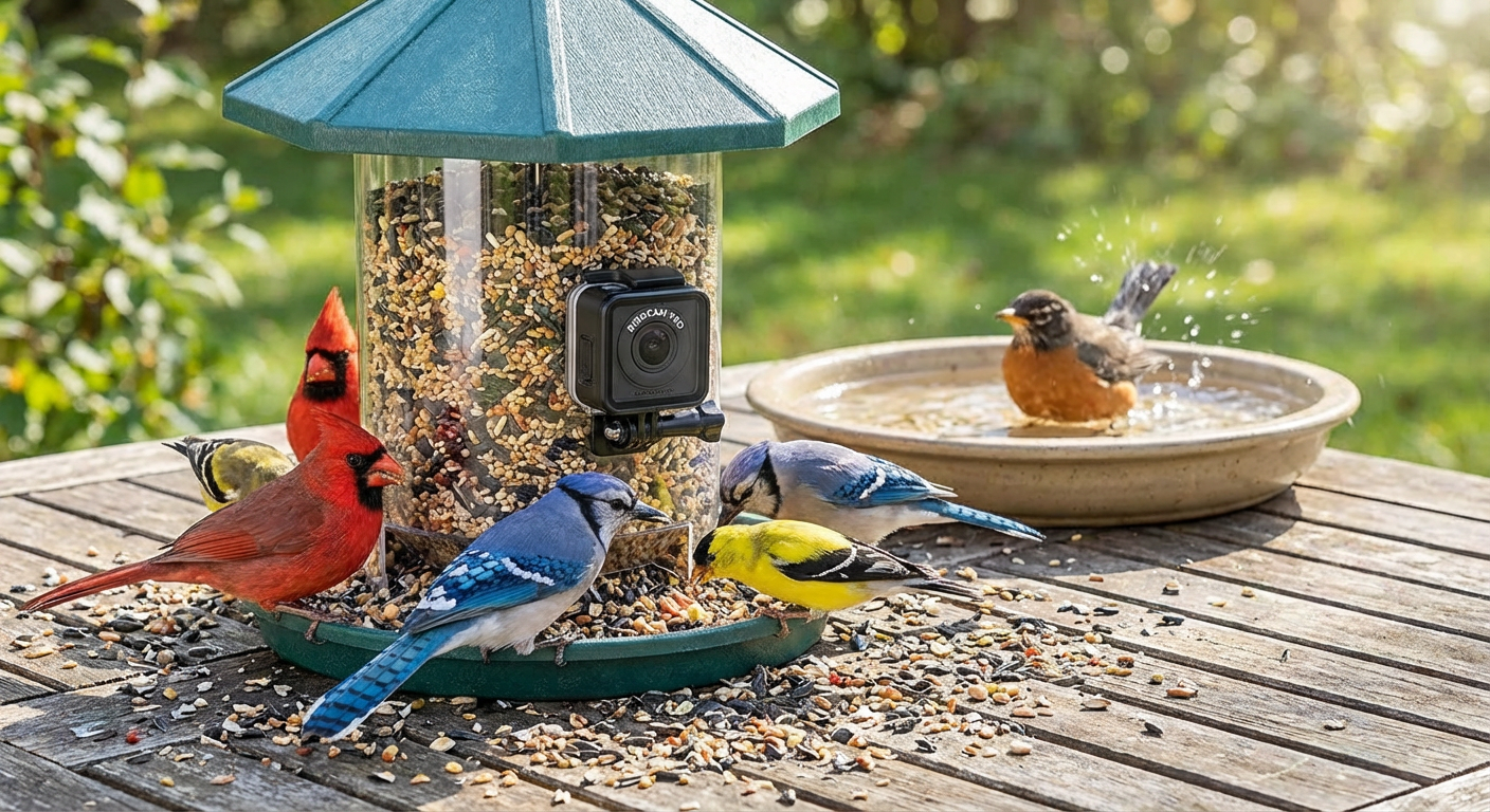 Bird feeder camera setup with multiple food types and water feature