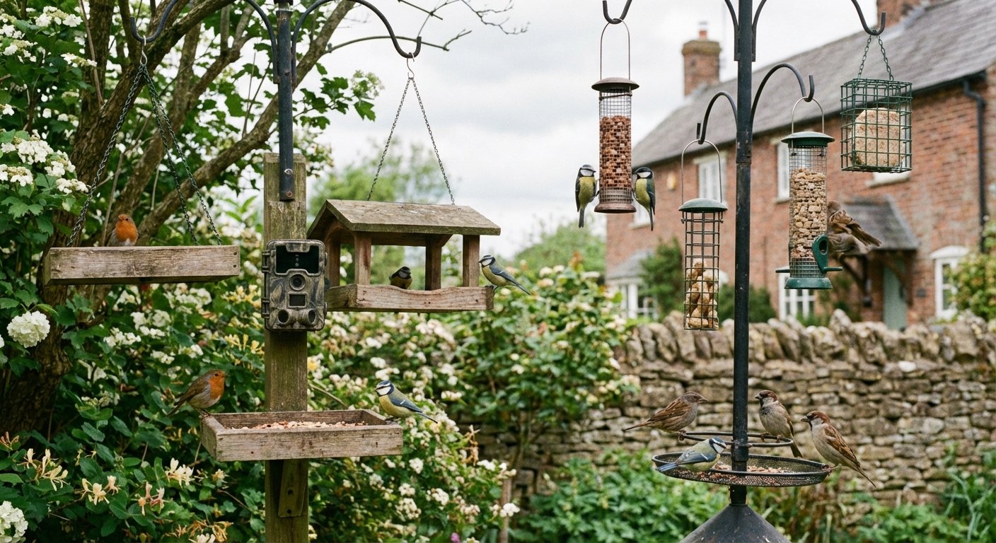 UK garden setup for bird feeder camera with native plants and feeders