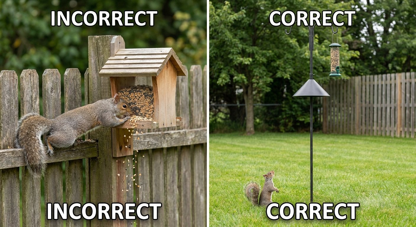 Bird feeder placement mistake with squirrel access and correct setup