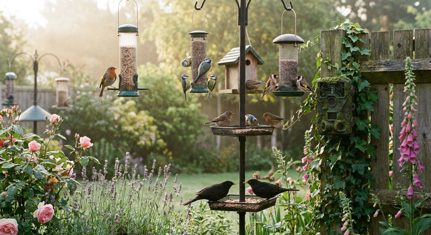 UK garden with multiple bird feeders and various garden birds