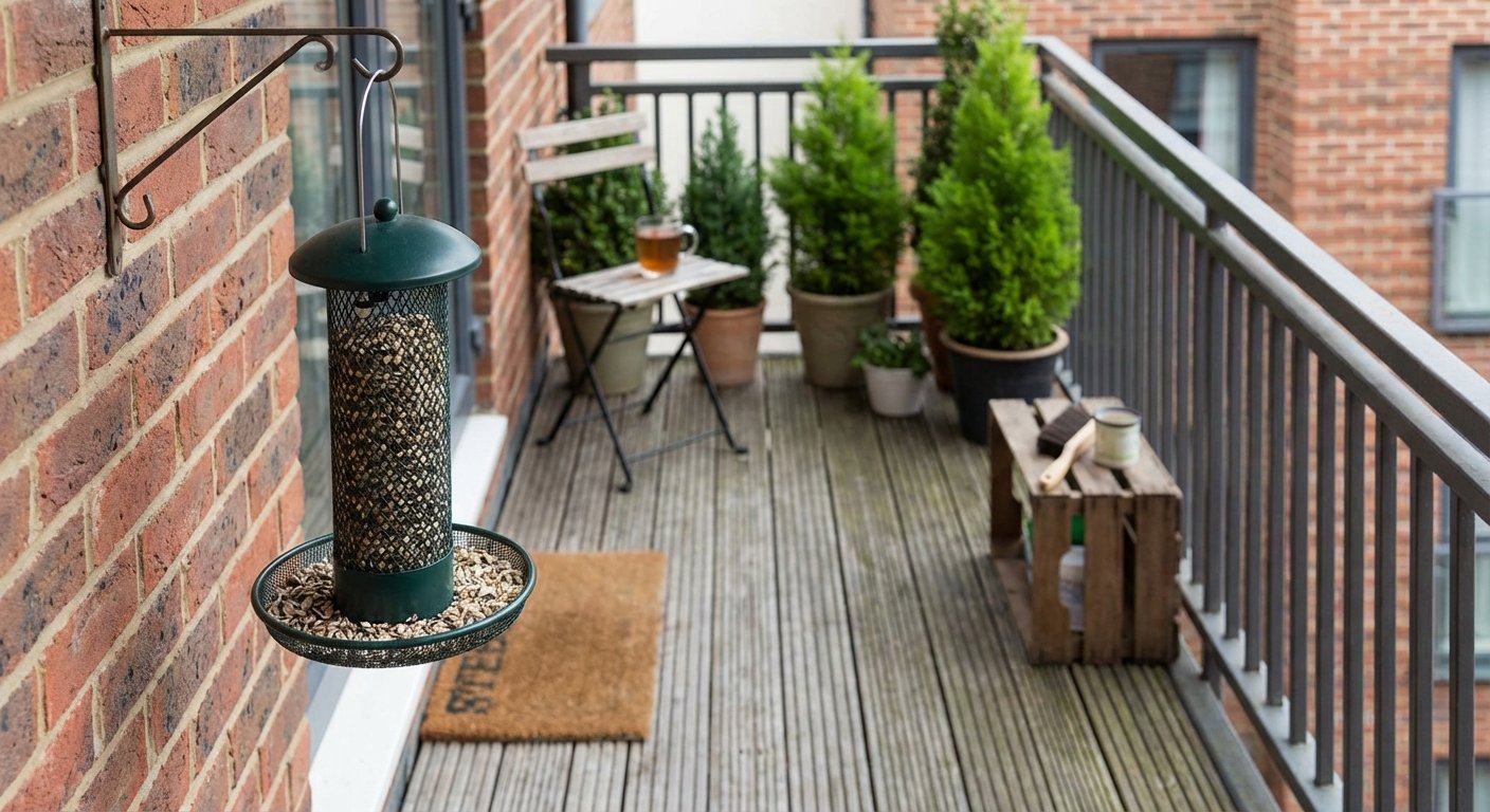 Tidy balcony bird feeder setup with minimal seed mess