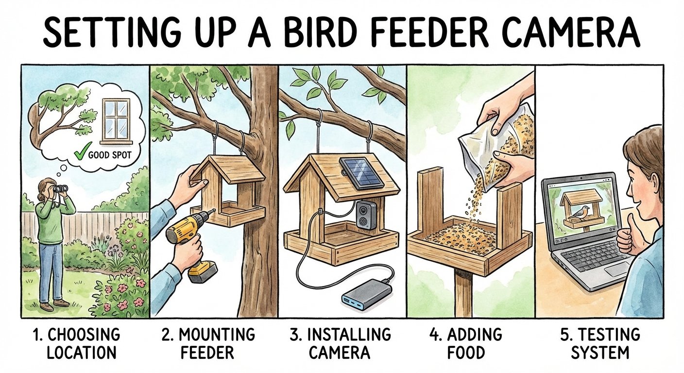 A diagram for setting up a bird feeder camera in a UK garden
