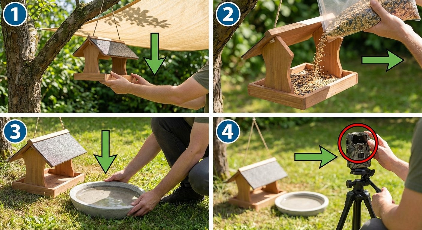 Step-by-step diagram for setting up a summer bird feeder and camera