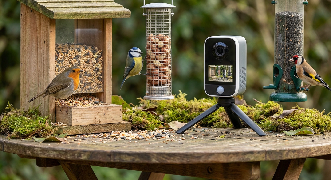 UK garden birds and feeder camera equipment laid out for preparation