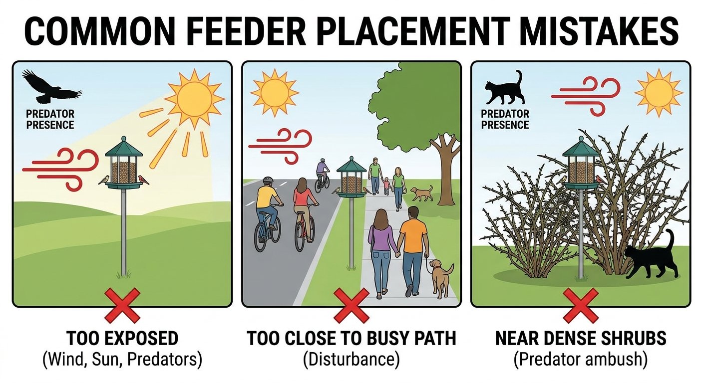 Diagram of common bird feeder placement mistakes in UK gardens