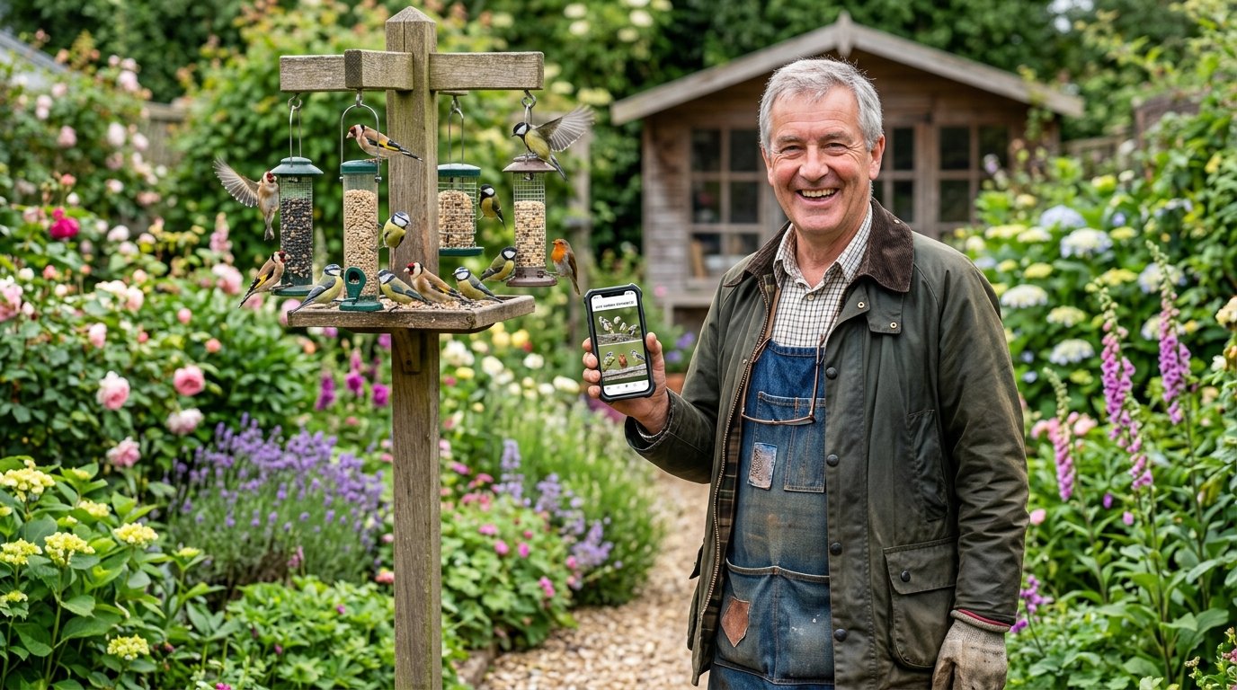 UK gardener enjoying live bird feeder camera footage in garden