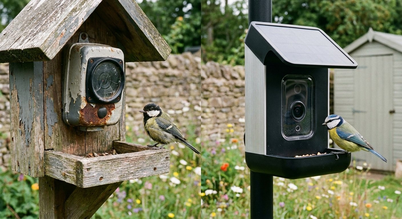 Comparison of old and modern bird feeder cameras in a UK garden
