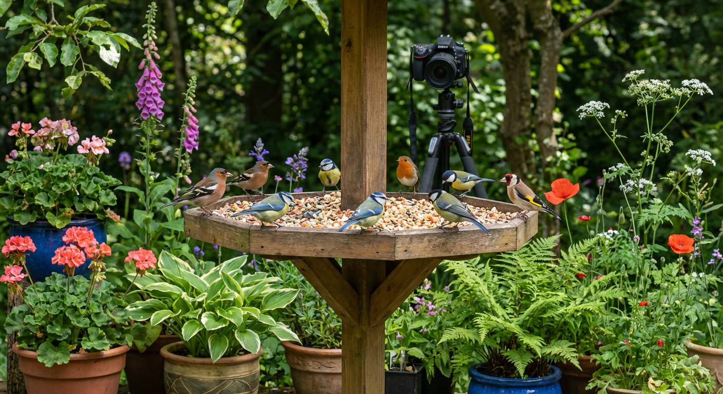 Multiple UK garden birds at a shaded feeder with camera