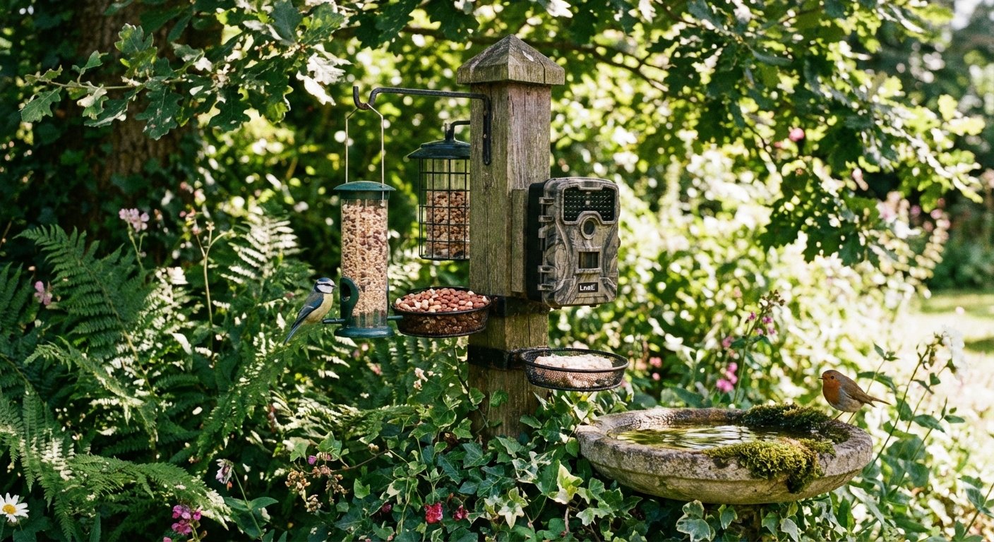 UK garden bird feeder with camera and water source in shade