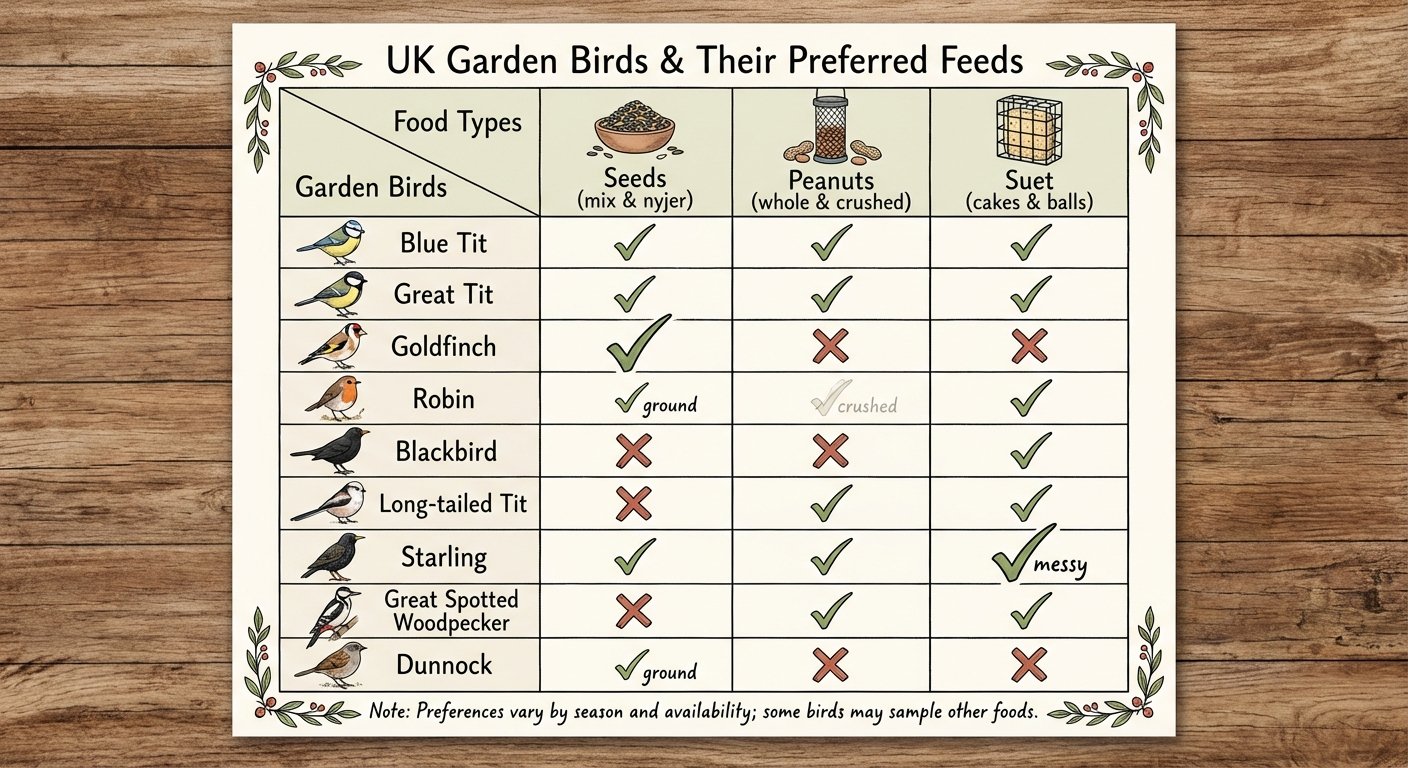 A illustration showing which birds prefer which foods for UK gardens
