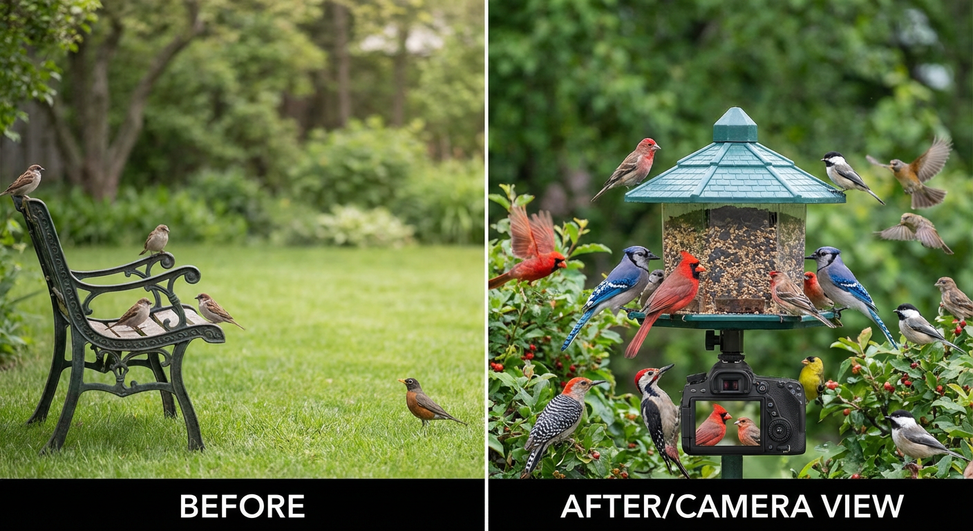 Before and after results of improved bird feeder camera setup