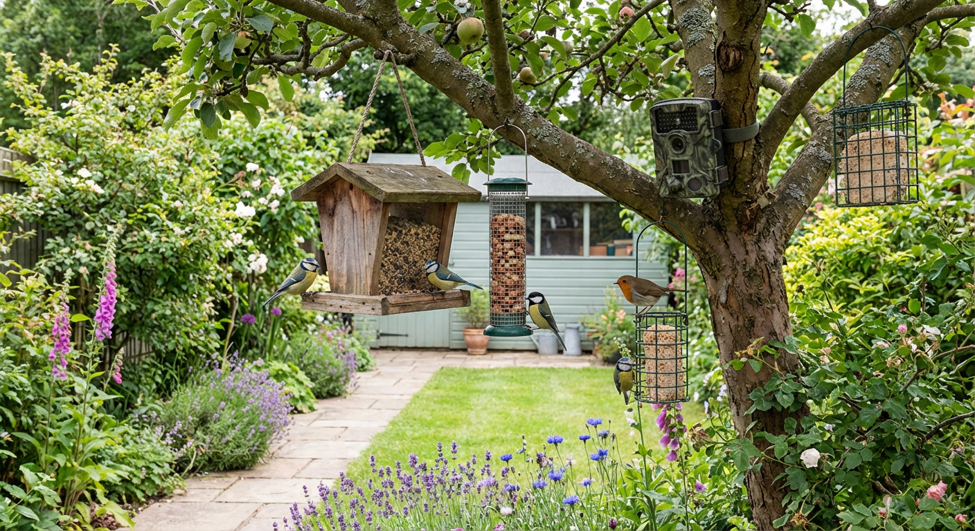 UK garden with bird feeders and camera setup