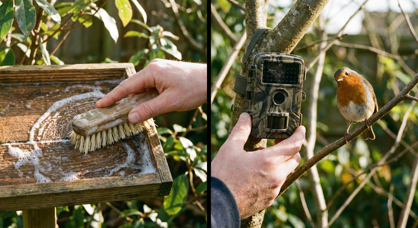 Cleaning bird feeder and adjusting camera with robin nearby