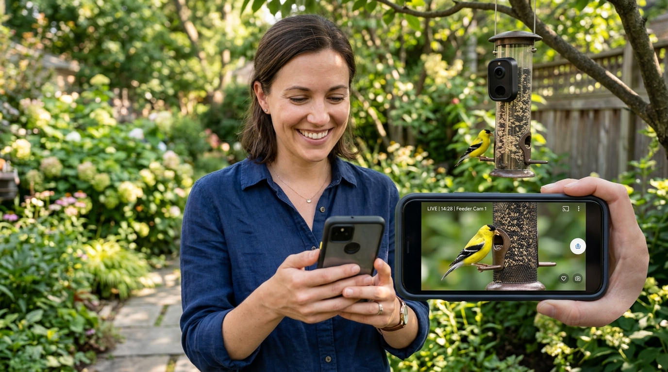 Bird feeder camera capturing goldfinch, live view on smartphone