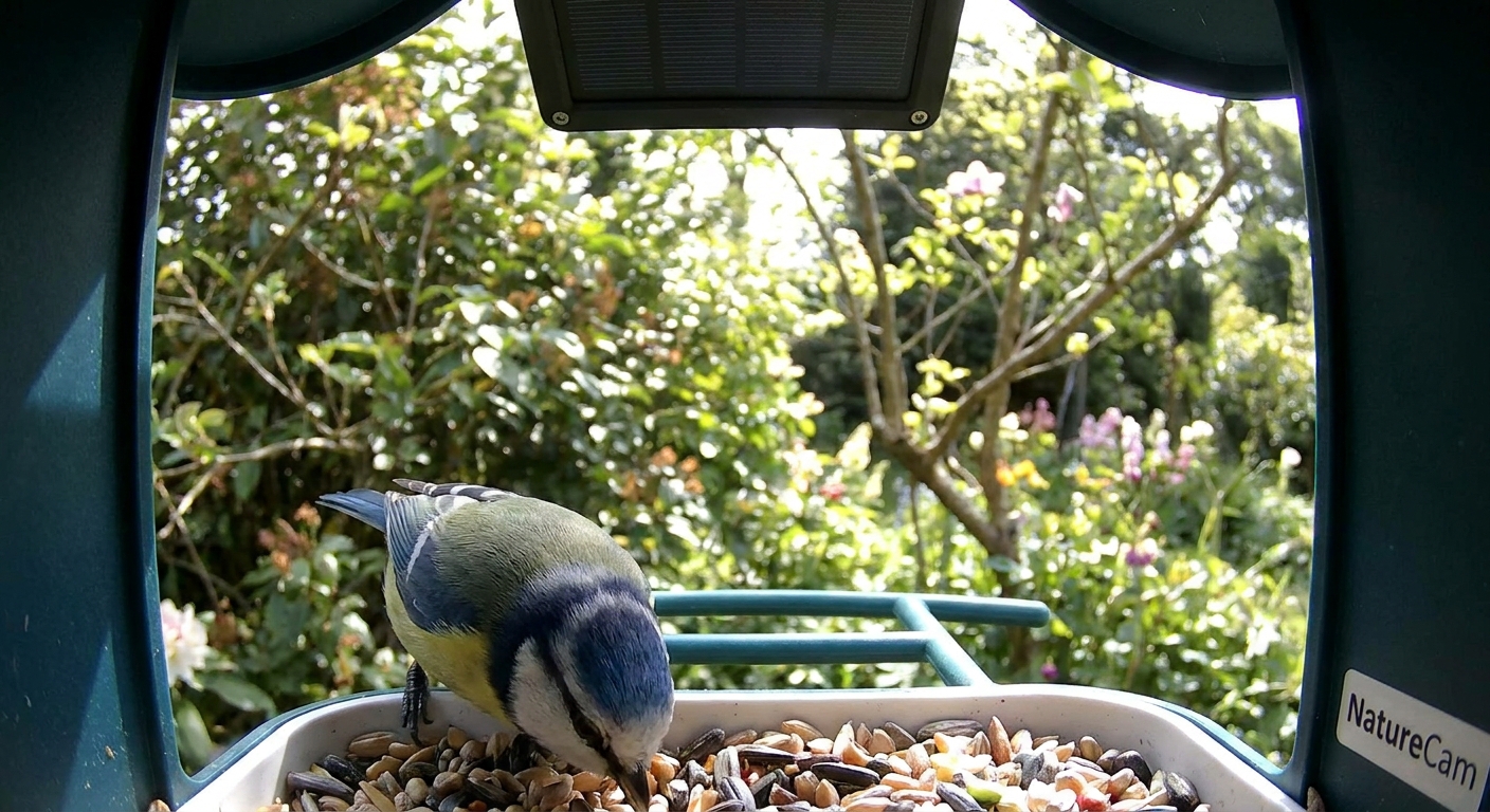 Blue tit feeding at a well-placed bird feeder camera in a UK garden