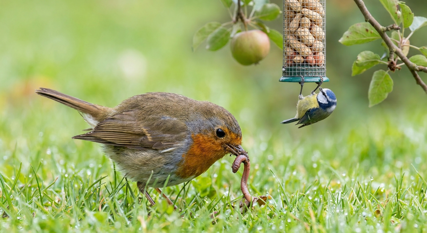 Robin and blue tit showing different behaviours in a UK garden