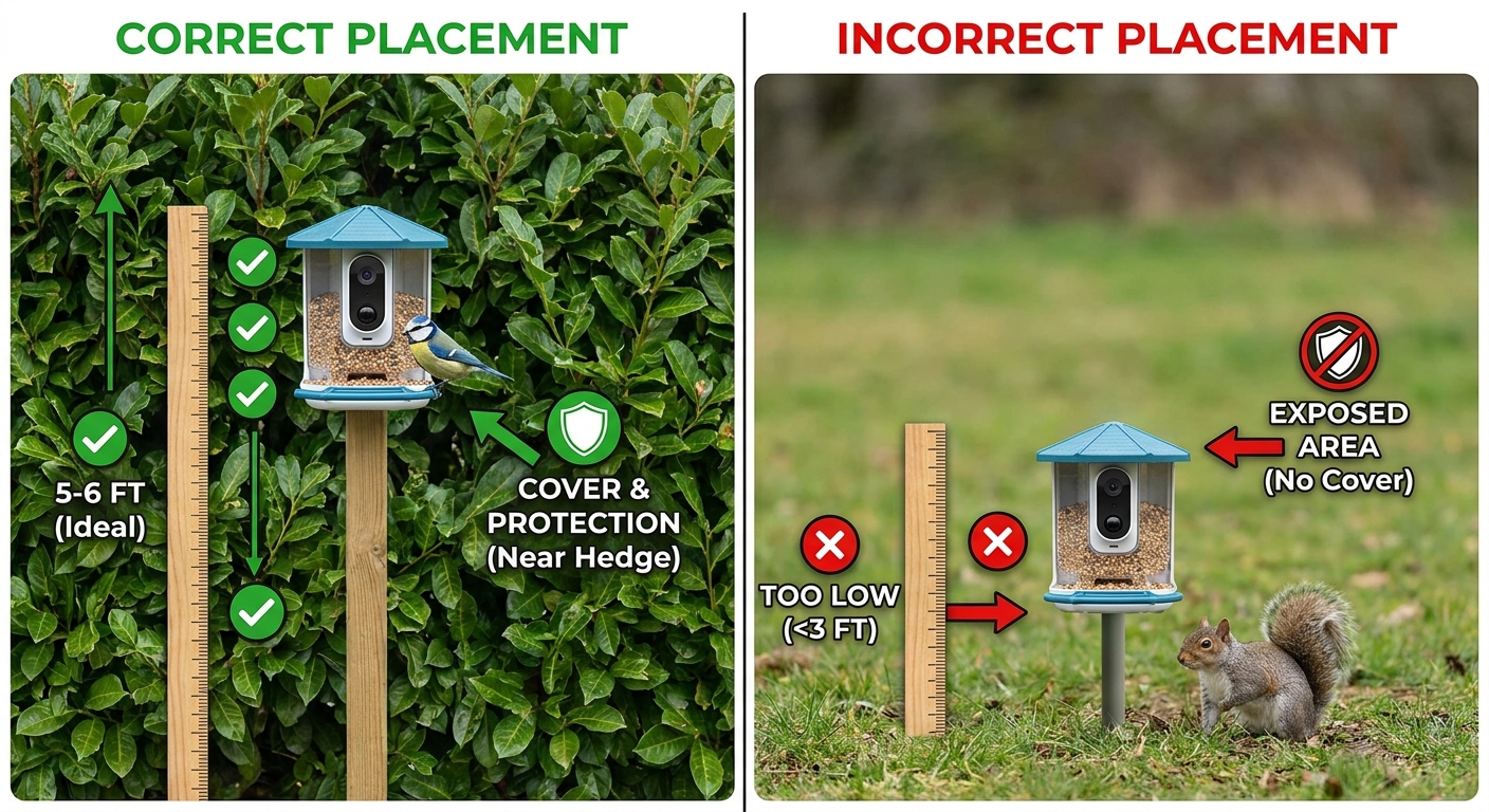 Comparison of correct and incorrect bird feeder camera placement in a UK garden