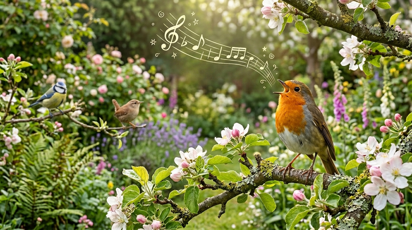 Robin singing in a UK garden, illustrating bird song identification
