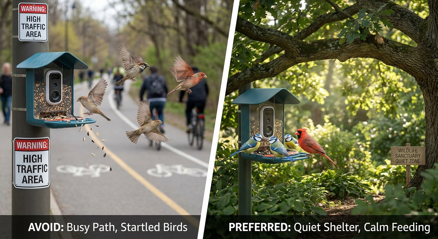 Bird feeder camera placed too close to a busy path versus a sheltered spot in a UK garden