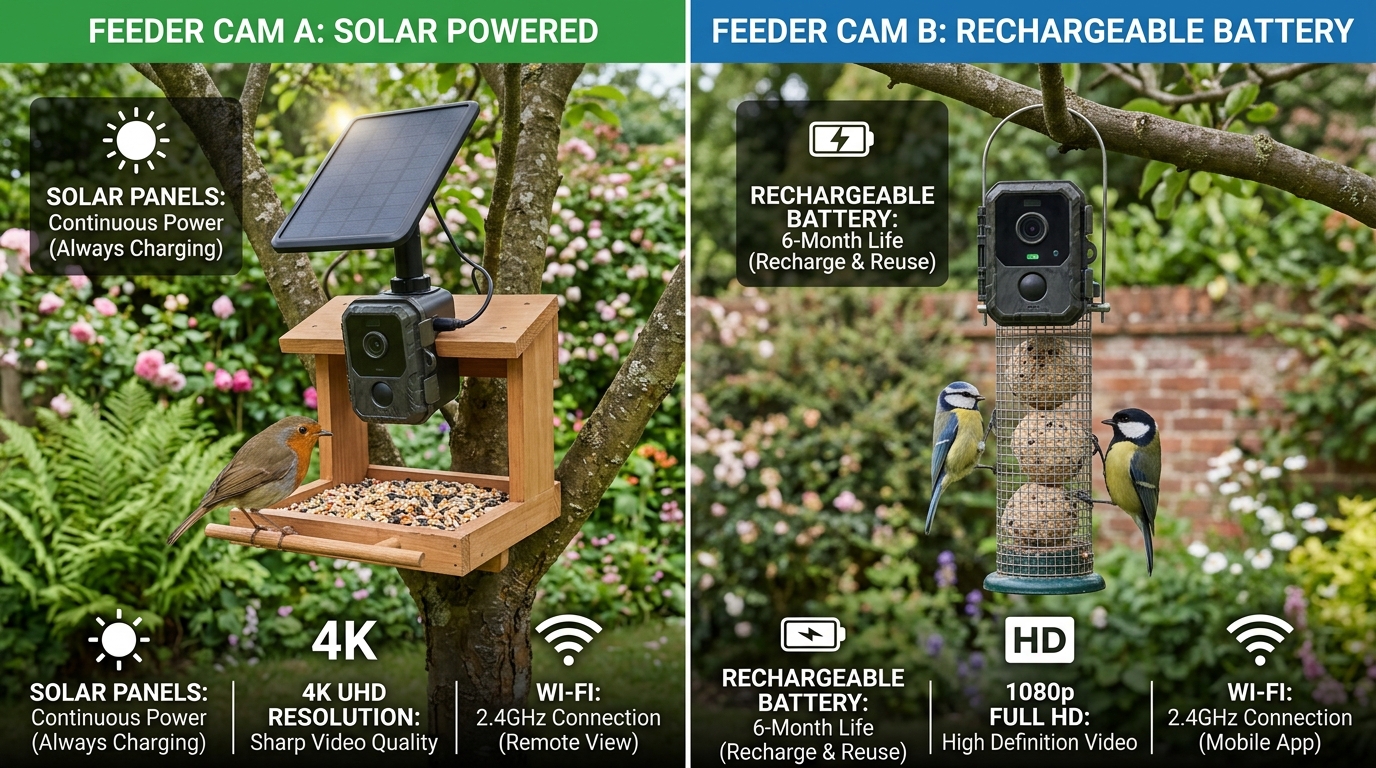 Comparison of bird feeder cameras with solar and battery options