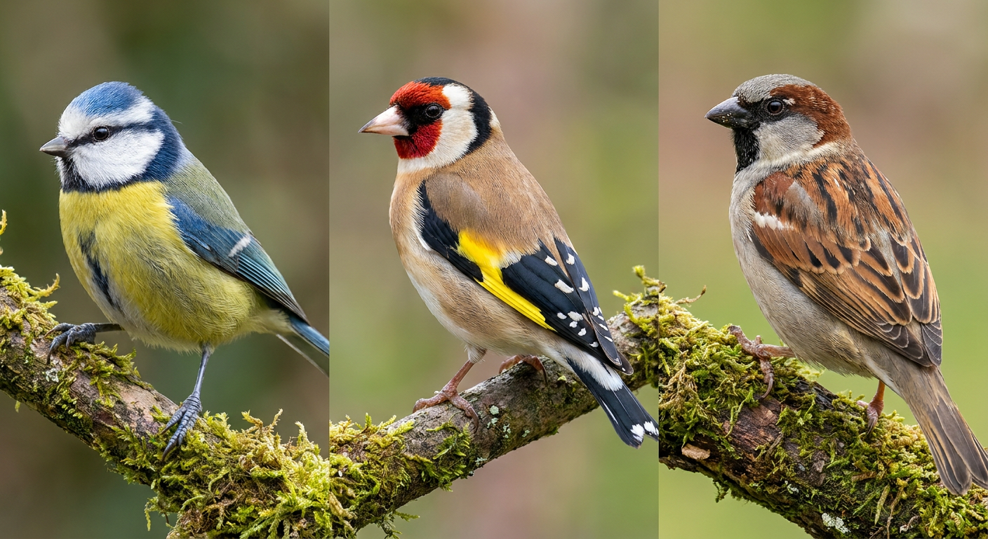 Blue tit, goldfinch, and house sparrow with clear markings for identification