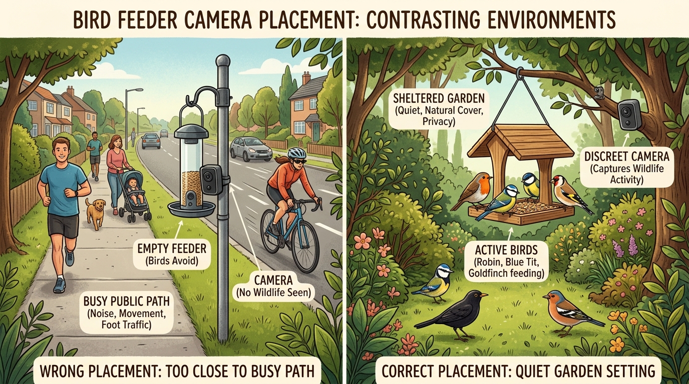 Correct and incorrect placement of bird feeder camera in garden