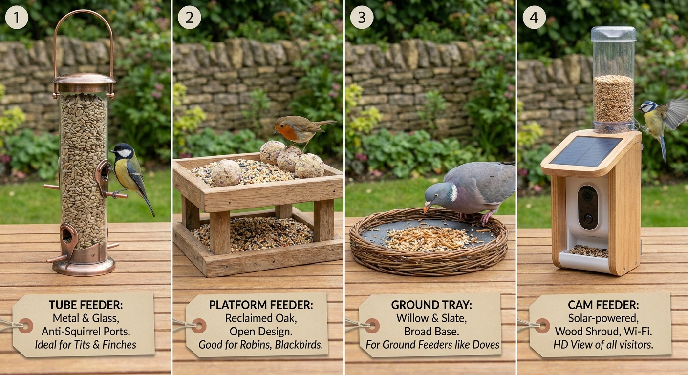 Comparison of bird feeder types and camera options for UK gardens