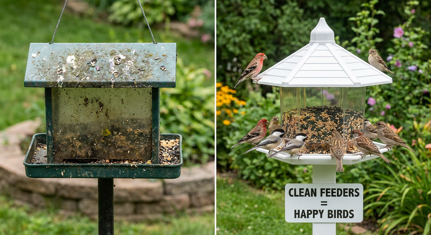 Birds avoiding dirty feeder and feeding from clean feeder in garden