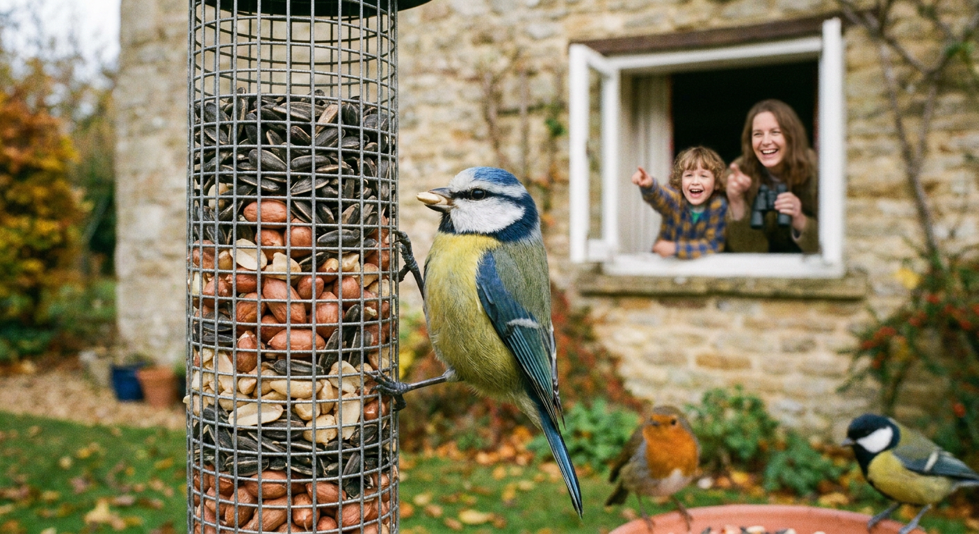 Blue tit feeding from a garden feeder with family watching