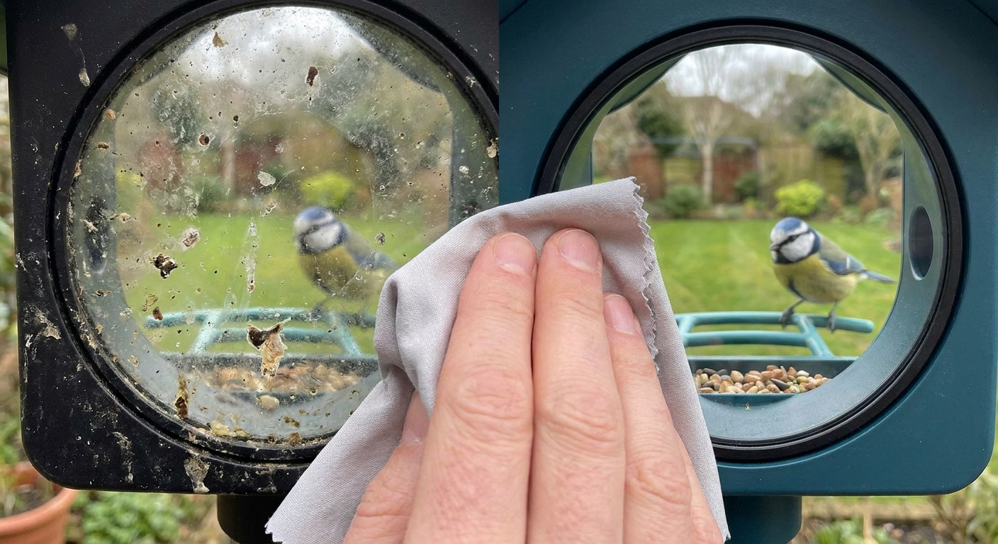 Cleaning a bird feeder camera lens
