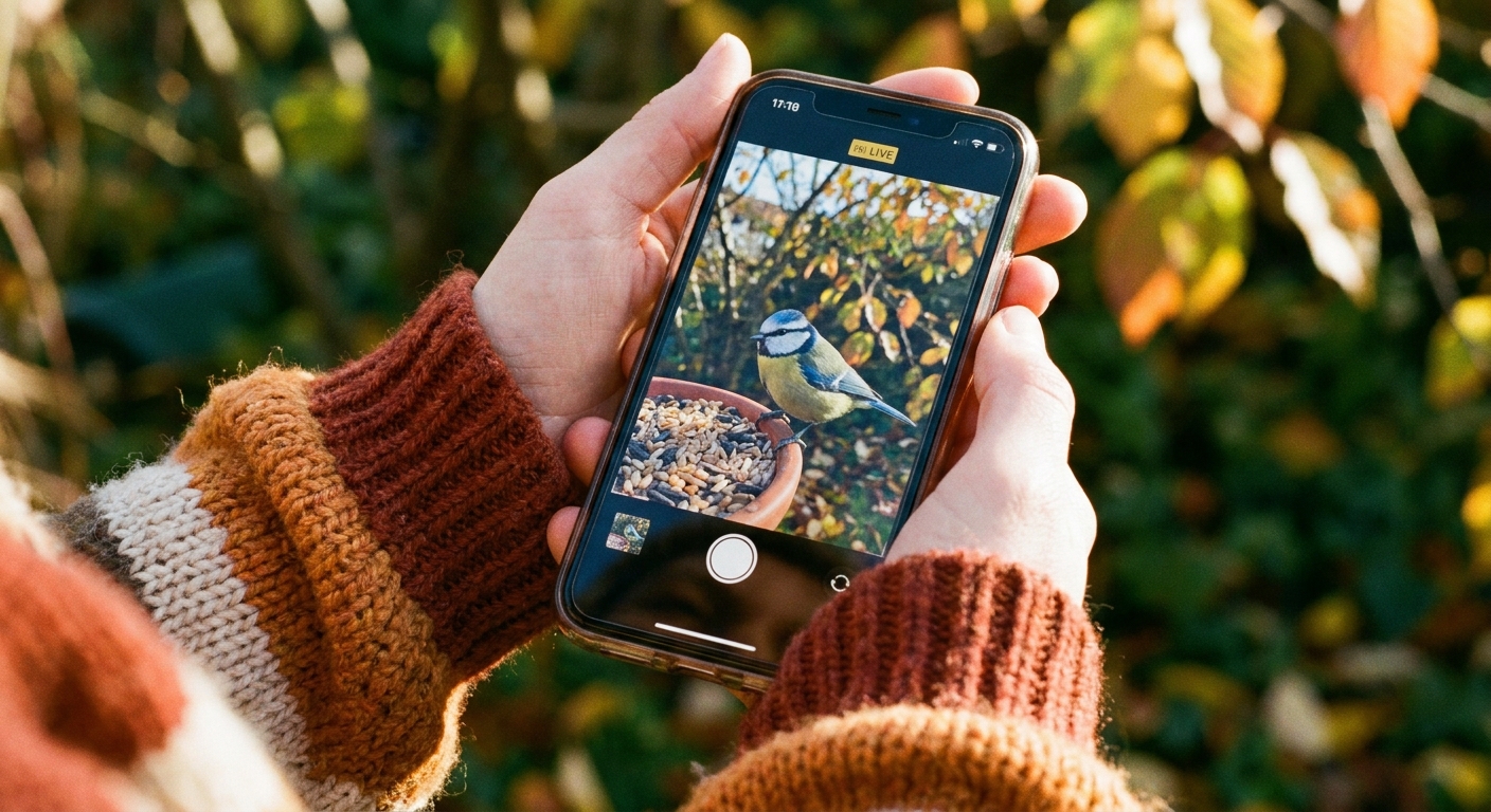 Smartphone showing bird feeder camera footage